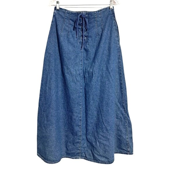 90s Liz Wear Liz Claiborne Lace-Up Back Denim Maxi Skirt Button Front Boho Prari - Picture 2 of 11